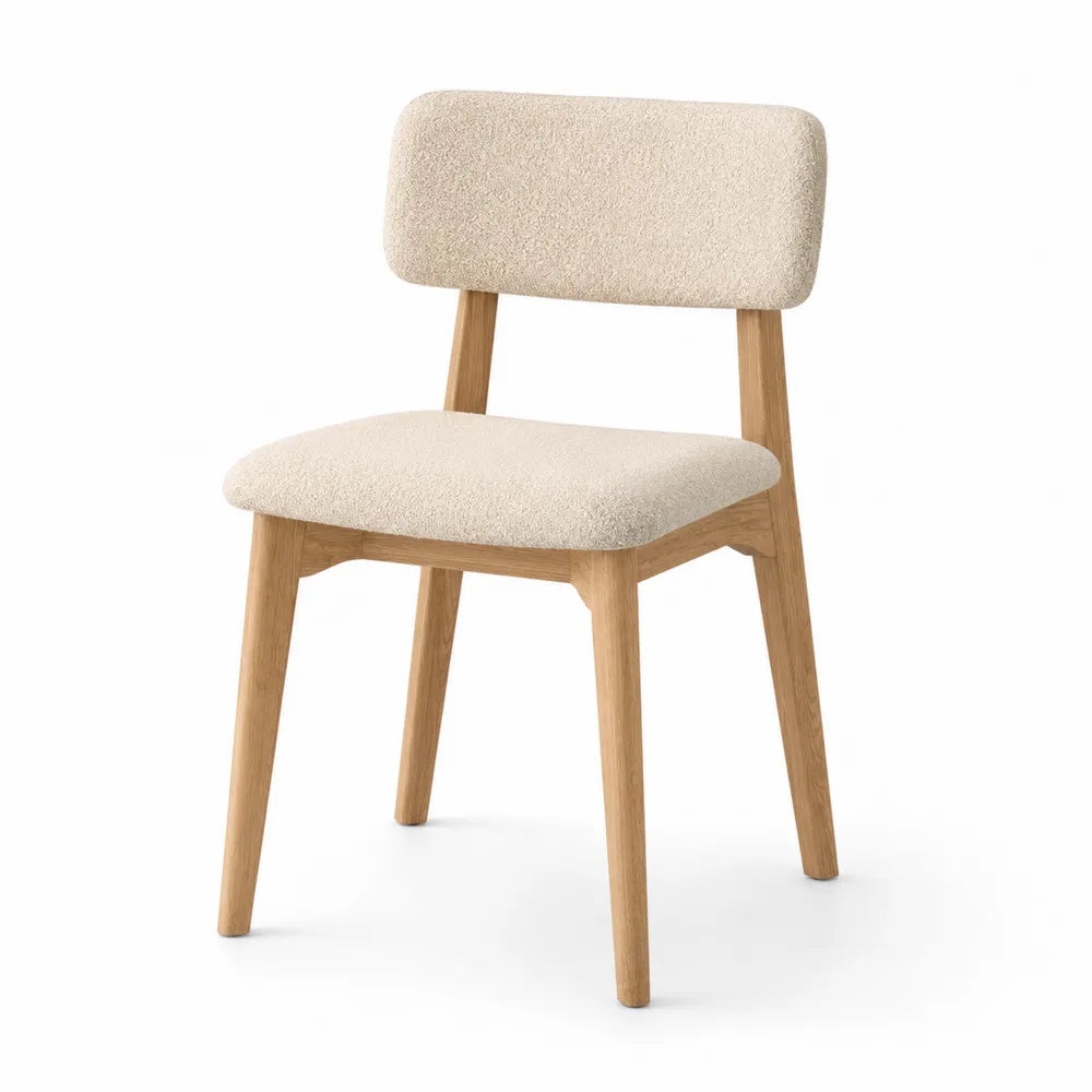 Sedia da pranzo in legno di gomma naturale con seduta e schienale imbottiti in tessuto bouclé beige 45 x 52 x 85 cm