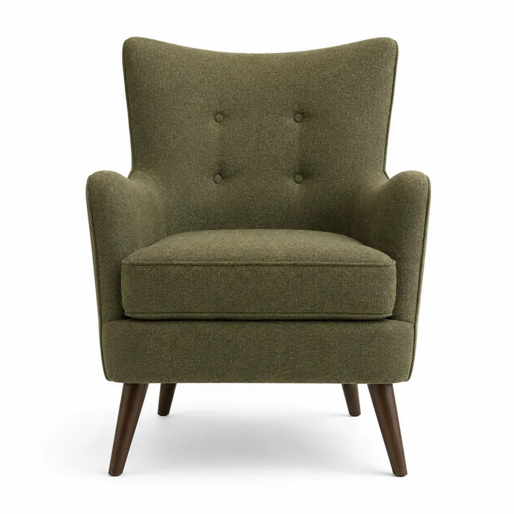 Poltrona imbottita con schienale alto e braccioli in tessuto verde oliva gambe in legno massello di faggio 75 x 80 x 90 cm