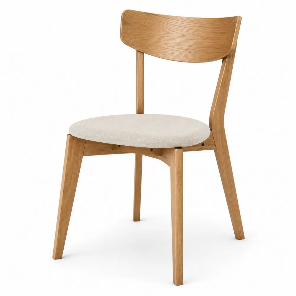 Sedia da pranzo imbottita in tessuto beige con struttura in legno massello di faggio naturale e schienale curvo 50 x 55 x 80 cm