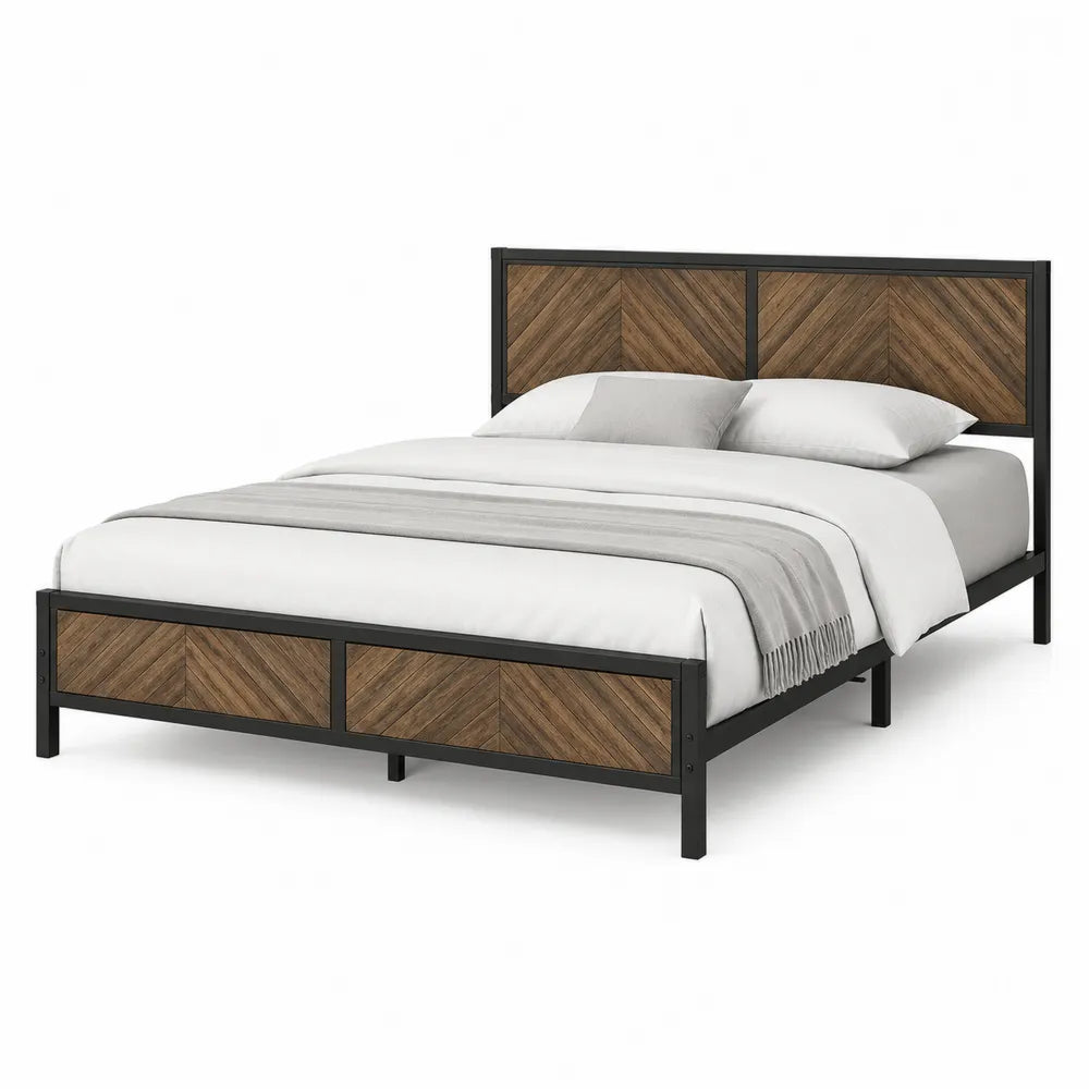Letto matrimoniale rettangolare in acciaio verniciato nero con pannelli MDF effetto noce a spina di pesce e rete a doghe 160 x 200 cm