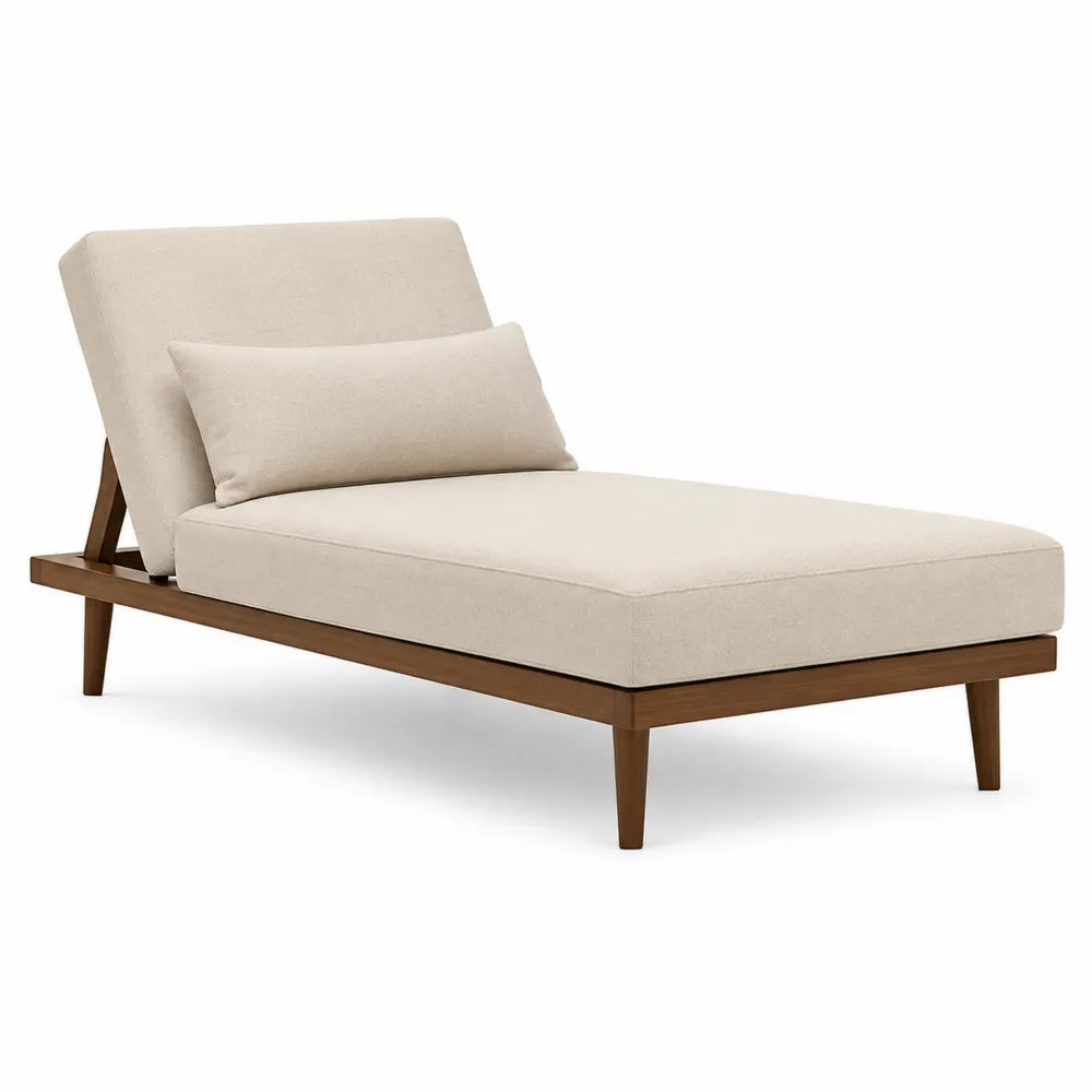 Chaise longue singola con schienale regolabile cuscino e rivestimento in tessuto beige struttura in legno naturale 190 x 70 x 85 cm