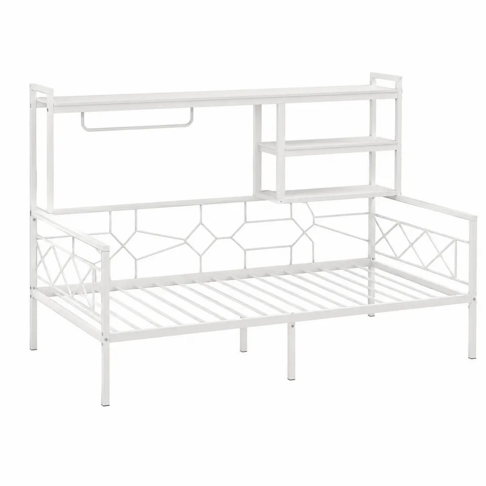 Struttura letto singolo rettangolare in acciaio verniciato bianco con ripiani integrati e rete a doghe metalliche 90 x 200 cm