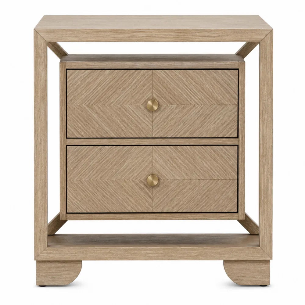 Comodino rettangolare con 2 cassetti in MDF impiallacciatura rovere naturale motivo a spina di pesce maniglie dorate 50 x 40 x 55 cm