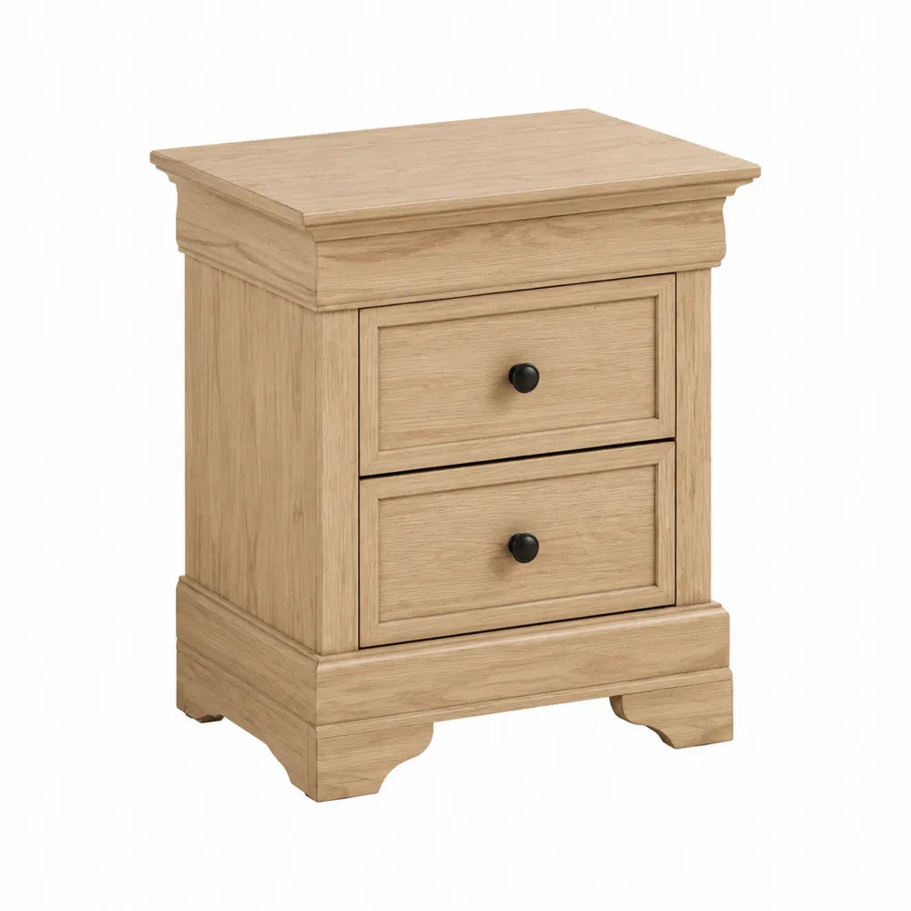 Comodino rettangolare con 2 cassetti in MDF effetto rovere naturale maniglie nere e base con piedini integrati 55 x 40 x 60 cm
