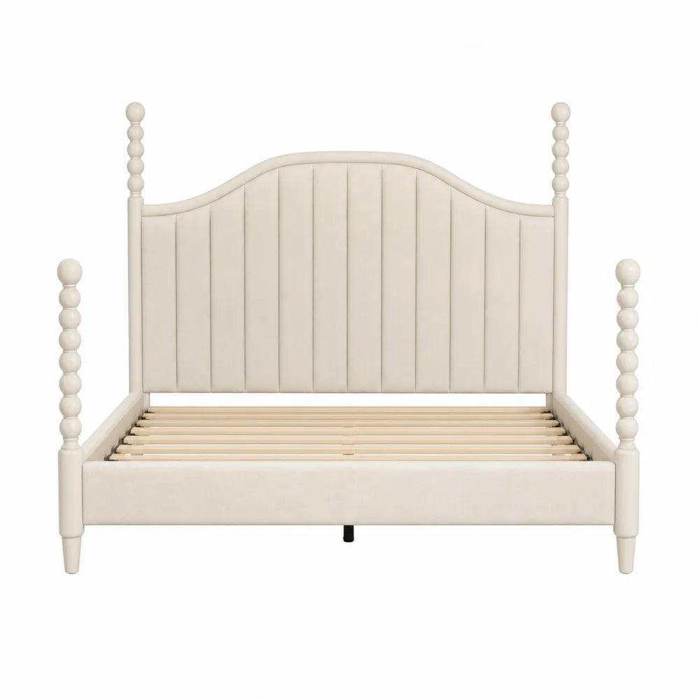 Letto matrimoniale rettangolare in legno massello di faggio e MDF avorio con testiera imbottita a pannelli verticali colonne tornite e doghe 160 x 200 cm