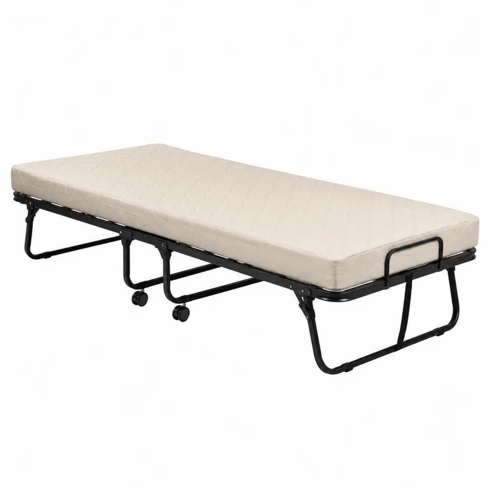 Letto pieghevole singolo rettangolare in acciaio verniciato nero con materasso in schiuma poliuretanica beige e ruote 190 x 80 cm