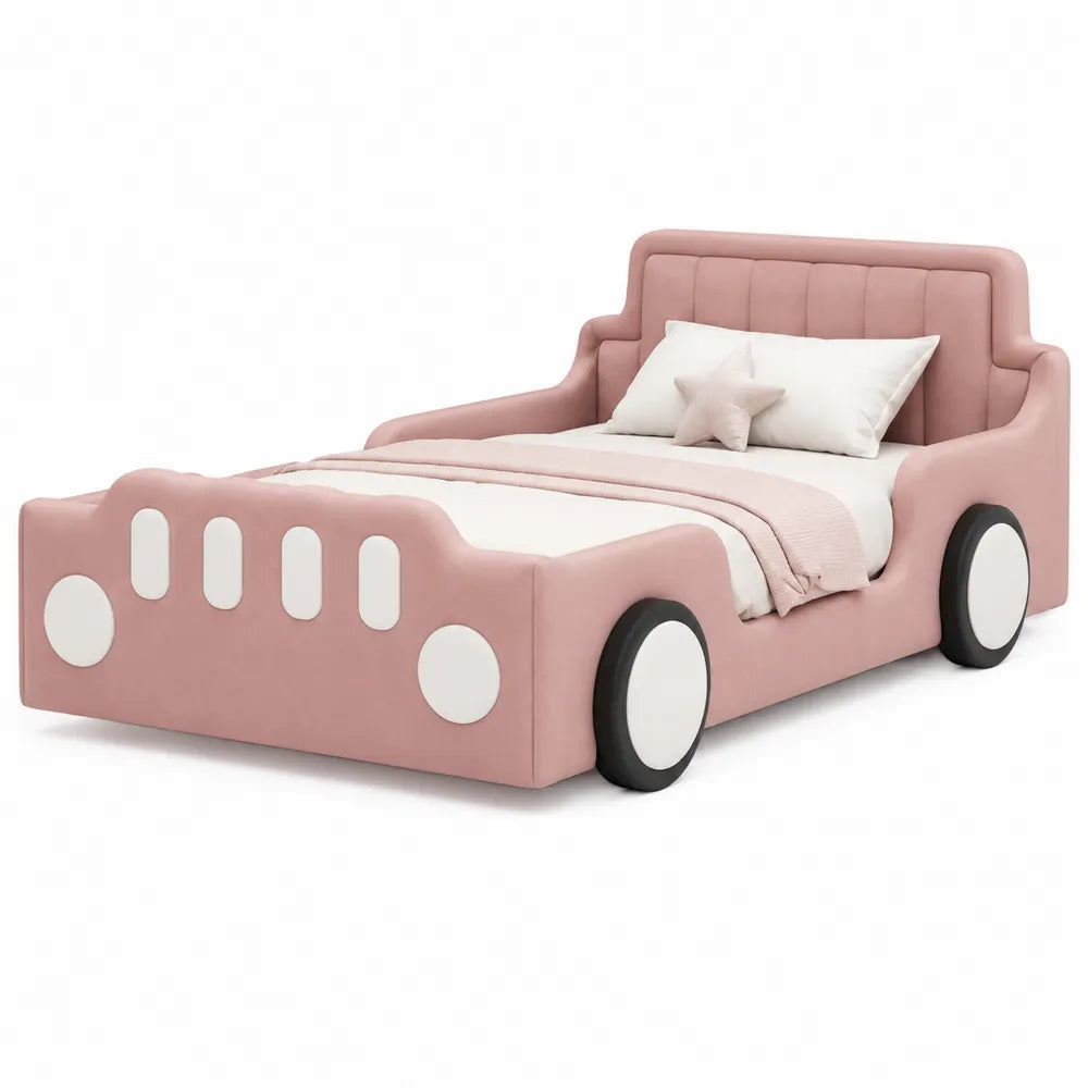 Letto per bambini a forma di auto imbottito in MDF e schiuma rosa e bianco 210 x 100 x 90 cm con ruote decorative