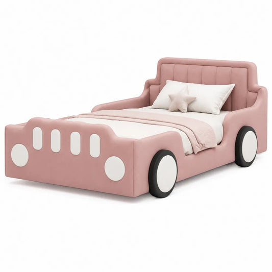 Letto per bambini a forma di auto imbottito in MDF e schiuma rosa e bianco 210 x 100 x 90 cm con ruote decorative