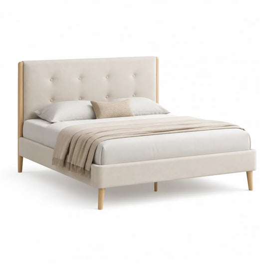 Letto matrimoniale imbottito in tessuto beige 160 x 200 cm con testiera trapuntata e gambe in legno
