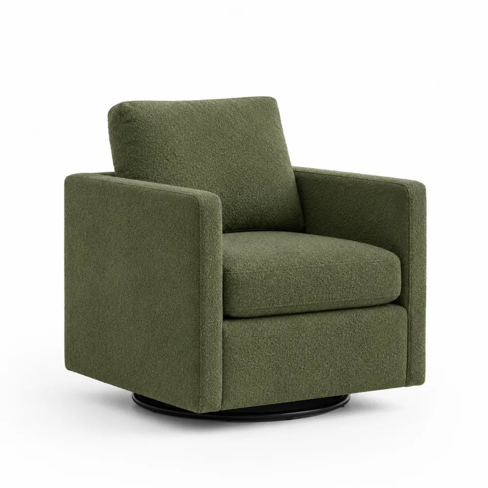 Poltrona girevole con braccioli in tessuto bouclé verde oliva base rotonda in metallo nero 75 x 85 x 80 cm