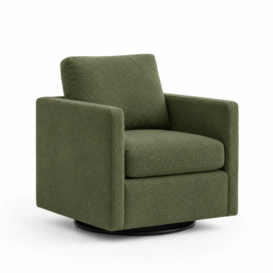 Poltrona girevole con braccioli in tessuto bouclé verde oliva base rotonda in metallo nero 75 x 85 x 80 cm