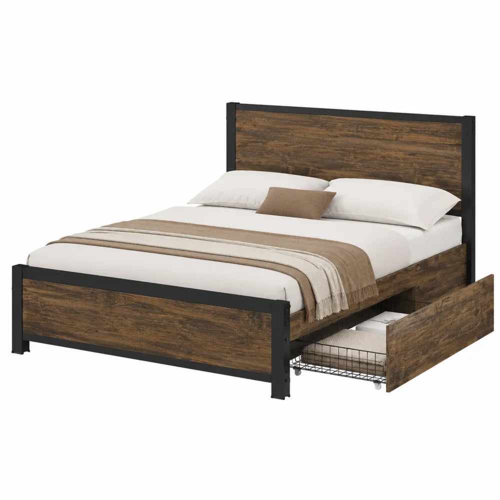 Letto matrimoniale rettangolare con contenitore laterale estraibile in MDF effetto legno marrone e acciaio nero 160 x 200 cm