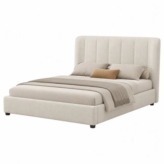 Letto matrimoniale rettangolare imbottito in MDF tessuto poliestere beige chiaro con testiera a pannelli verticali e piedini neri 180 x 200 cm