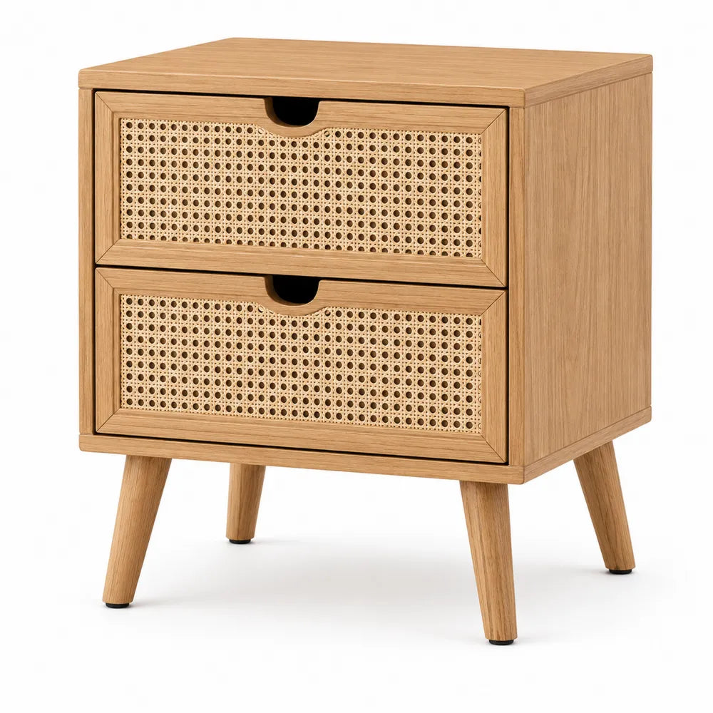 Comodino rettangolare con 2 cassetti frontali in rattan intrecciato struttura MDF effetto rovere naturale e gambe in legno 45 x 40 x 55 cm