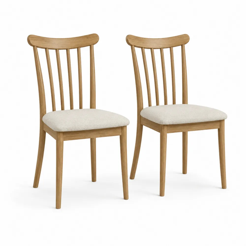Set di 2 sedie da pranzo in legno di gomma naturale con seduta imbottita in tessuto beige e schienale a listelli 45 x 52 x 85 cm