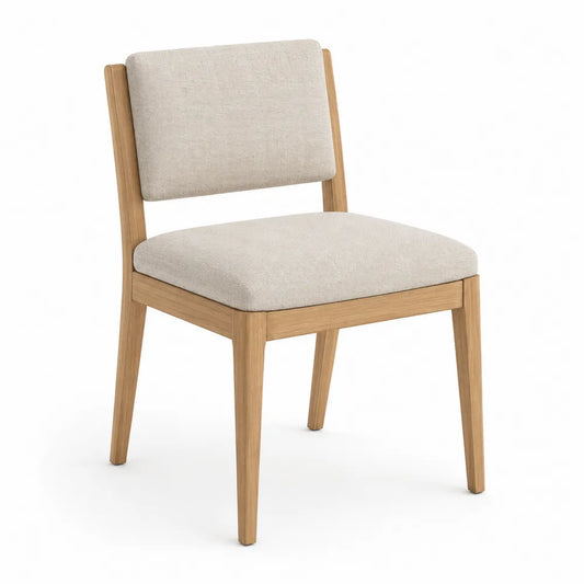 Sedia da pranzo in legno di gomma naturale con seduta e schienale imbottiti in tessuto beige 45 x 50 x 82 cm