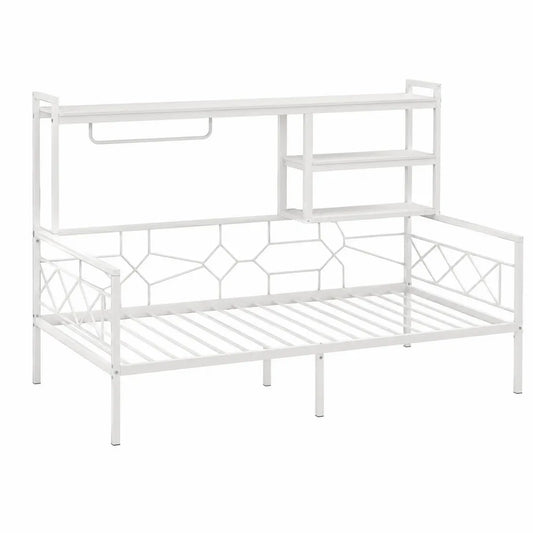Struttura letto singolo rettangolare in acciaio verniciato bianco con ripiani integrati e rete a doghe metalliche 90 x 200 cm
