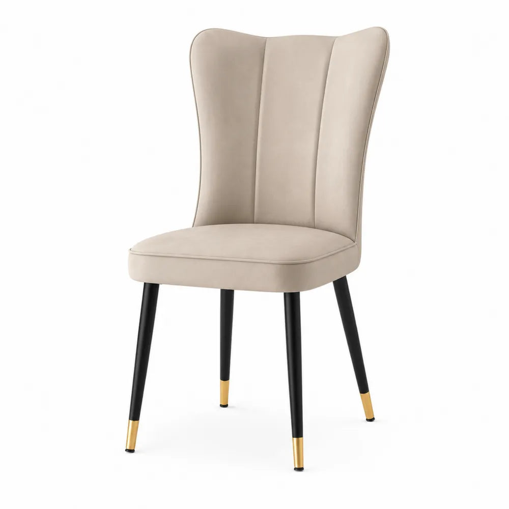 Sedia da pranzo imbottita con schienale a ventaglio in tessuto beige e gambe in acciaio nero oro 52 x 60 x 88 cm