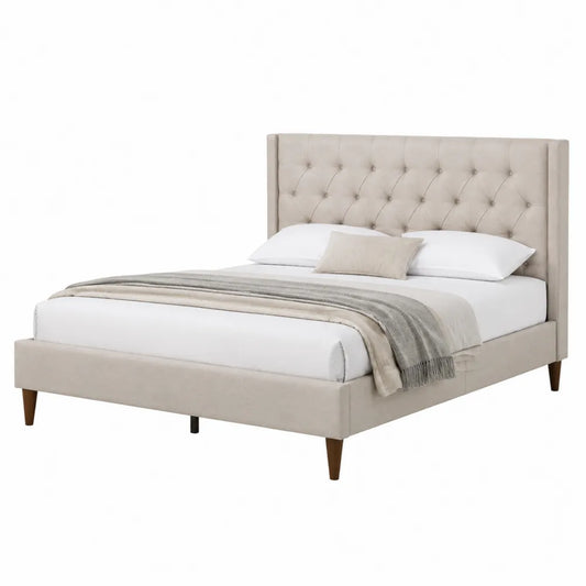 Letto matrimoniale rettangolare imbottito in MDF e tessuto poliestere beige con testiera capitonné e gambe in legno 160 x 200 cm