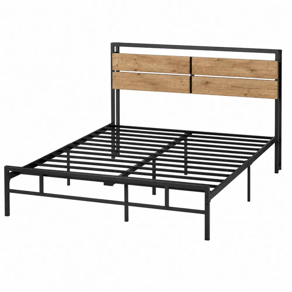 Letto matrimoniale rettangolare in acciaio verniciato nero con testiera MDF effetto rovere e rete a doghe metalliche 160 x 200 cm