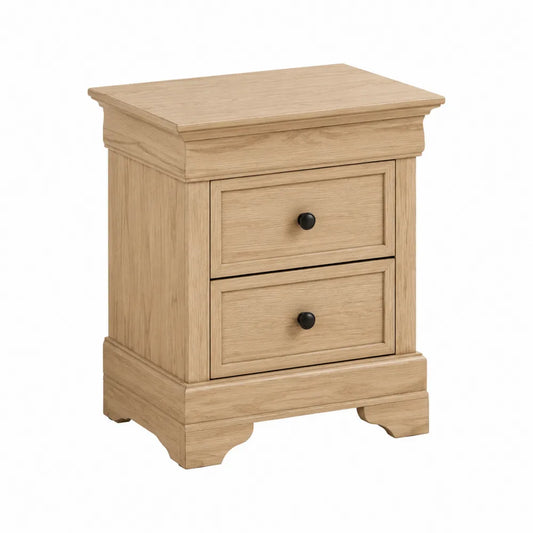 Comodino rettangolare con 2 cassetti in MDF effetto rovere naturale maniglie nere e base con piedini integrati 55 x 40 x 60 cm