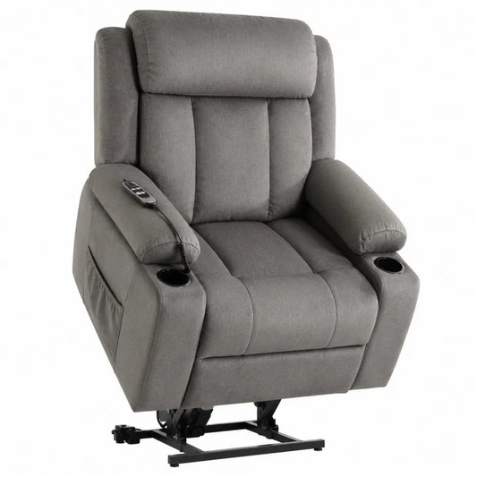 Poltrona reclinabile elettrica massaggiante in tessuto grigio con portabicchieri telecomando e base in acciaio nero 80 x 95 x 105 cm