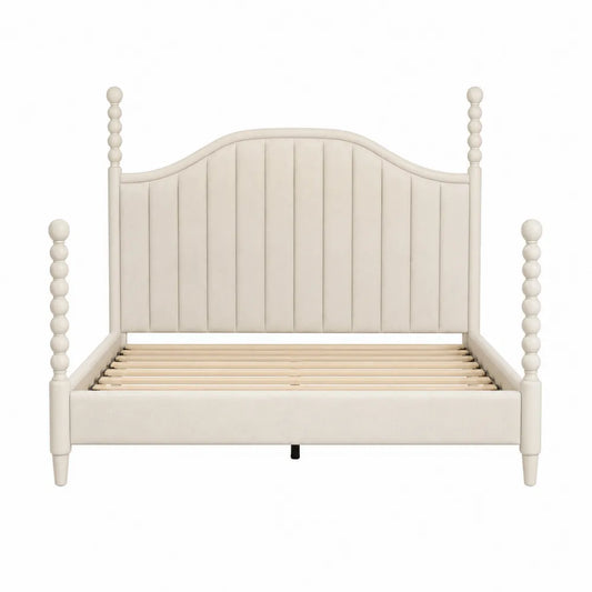 Letto matrimoniale rettangolare in legno massello di faggio e MDF avorio con testiera imbottita a pannelli verticali colonne tornite e doghe 160 x 200 cm