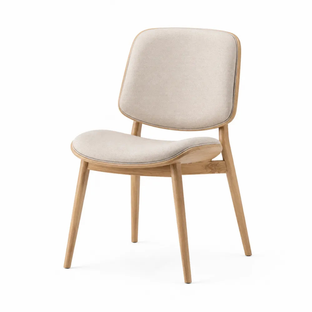 Sedia da pranzo imbottita con schienale arrotondato in legno massiccio di quercia e tessuto beige 55 x 60 x 82 cm