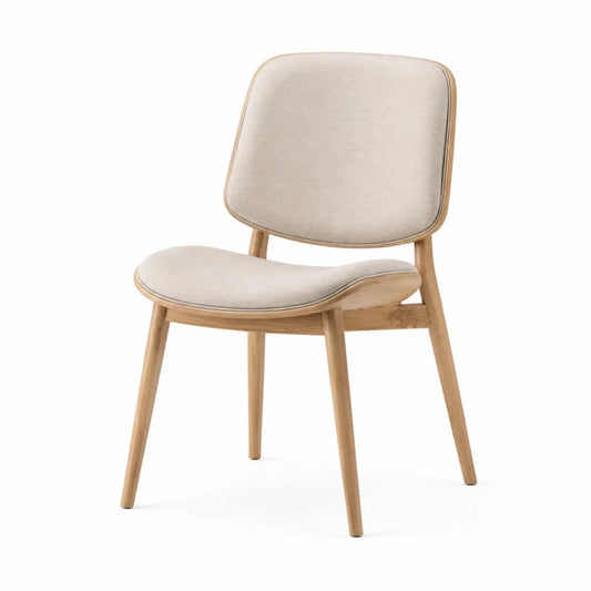 Sedia da pranzo imbottita con schienale arrotondato in legno massiccio di quercia e tessuto beige 55 x 60 x 82 cm